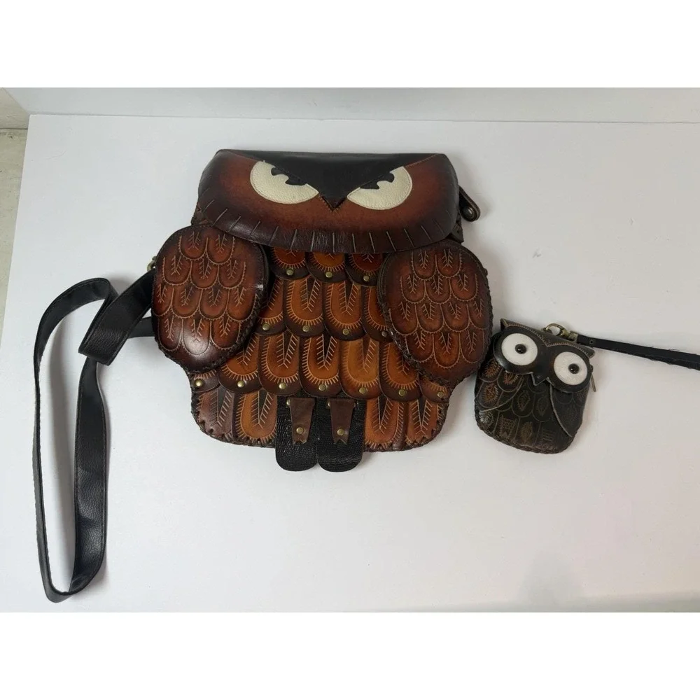 Handmade Hand Tooled Leather Owl Purse Crossbody And Wristlet Vintage‎